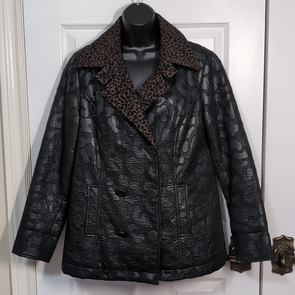 SPANNER Faux Leather Wool Trim Animal Print Jacket Size Medium
